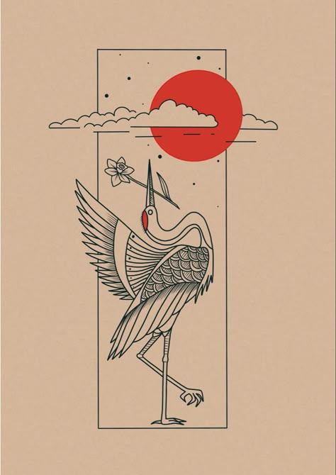 Japanese Tattoo Minimal, Crane Tattoo Japanese, Japanese Crane Drawing, Japanese Crane Tattoo Design, Hanafuda Tattoo, Japanese Minimalism Art, Japanese Crane Tattoo, Japanese Crane Art, Crane Illustration