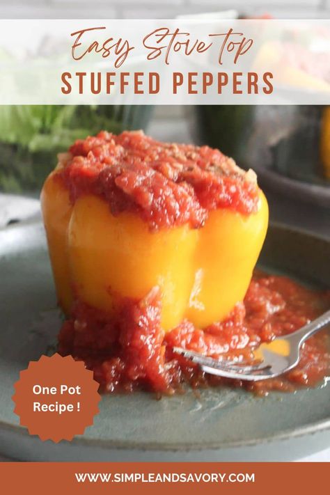 : Bring back the taste of home with these easy-to-make old fashioned stuffed peppers. Filled with savory ingredients, they're the perfect comfort food to share. Quick to prepare on any stove top, these peppers promise a delightful meal. Stuffed Bell Peppers On Stove Top, Stovetop Stuffed Peppers, Stove Top Stuffed Peppers, Traditional Stuffed Peppers, Old Fashioned Stuffed Bell Peppers, Stuffed Bell Peppers Traditional, Food To Share, Easy Stuffed Pepper Recipe, Easy Stuffed Peppers