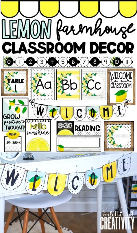 Lemon Classroom Decor, Classroom Decor Printables, Middle School Classroom Themes, Lemon Classroom, Animal Print Classroom, Classroom Theme Ideas, Farmhouse Classroom Decor, Classroom Decor Ideas, Farmhouse Classroom