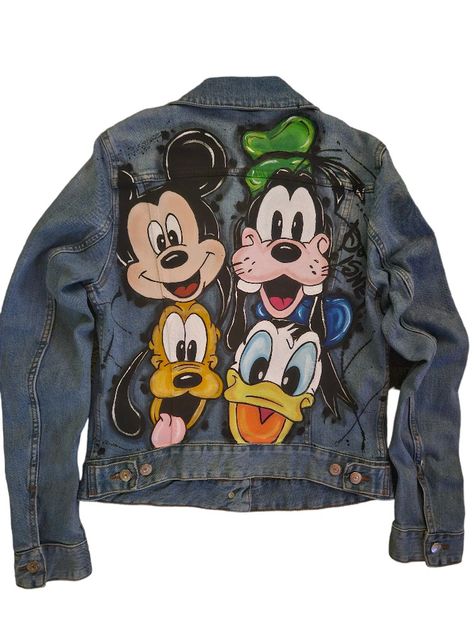 Mickey Mouse Jean Jacket, Painted Disney Jacket, Clothes Paint, Disney Denim Jacket, Disney Denim Jacket Painted, Disney Patch Denim Jacket, Painted Pants, Desert Tattoo, Custom Jeans Diy