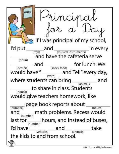 Principal for a Day Mad Lib Worksheet Principal’s Month Ideas, Teacher Mad Libs, Elementary End Of Year Activities, Principal For The Day Ideas, Bosses Day Principal, Back To School Mad Libs, Principal For A Day Ideas, Principals Day Ideas Elementary Schools, Holiday Mad Libs For Kids