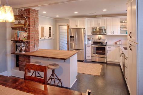 Country Kitchen with Kitchenaid stand mixer, Flush, Raised panel, Custom Wood Kitchen Countertops, Breakfast nook, U-shaped Wood Wall Design Ideas, Faux Brick Panels, Wall Design Ideas, Kitchen Peninsula, Wood Wall Design, Rustic Wood Wall, Brick Chimney, Brick Paneling, Brick Kitchen