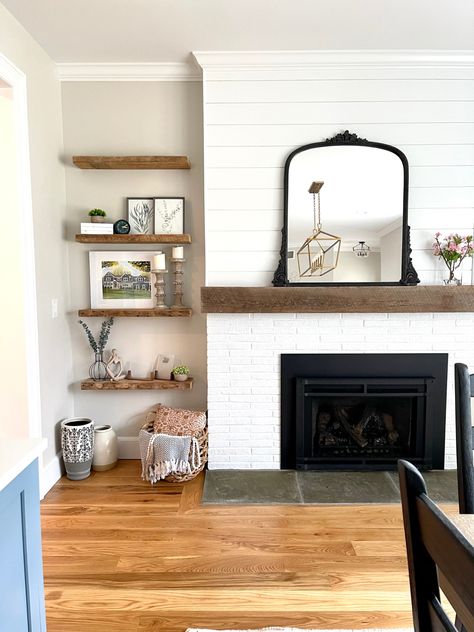 Ladder Shelf Next To Fireplace, Wall Shelves Next To Fireplace, Book Shelf Next To Fireplace, Floating Shelves On Both Sides Of Fireplace, Shelves On Either Side Of Fireplace, Shelf Beside Fireplace, Shelves Flanking Fireplace, Shelves Beside Fireplace Ideas, Floating Shelf Next To Fireplace