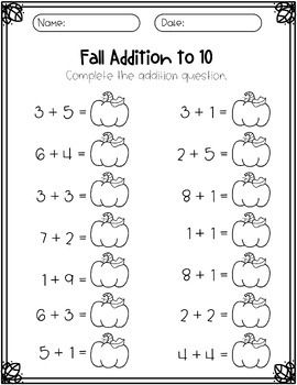 Fall addition within 10 worksheet | Adding within 10 | TPT First Grade Math Homeschool, Fall Homeschool Worksheets, Adding Within 10, Thanksgiving Addition Kindergarten, 1st Grade Addition Worksheets, Fall Homeschool Activities 1st Grade, Fall Worksheets For 1st Grade, Fall Activities For 1st Grade, Fun Addition Activities