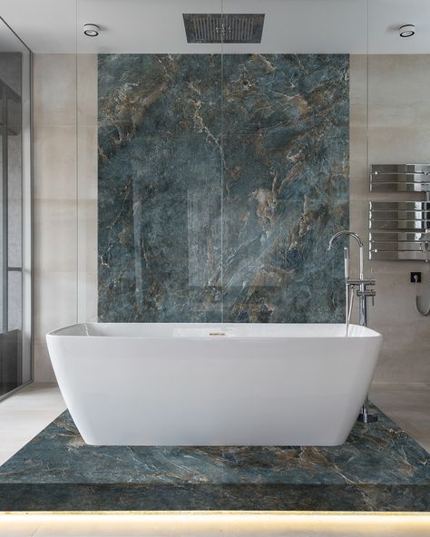 Whether you're designing a luxurious kitchen, a lavish bathroom, or a stunning feature wall, our "Labradorite Royal Blue" porcelain is the perfect bold color choice to elevate your space. Its mix of deep blues, shimmering greens, and radiant golds effortlessly complement a variety of design styles, from modern and contemporary to classic and timeless. Royal Blue Bathroom, Modern Bathroom Design Tile, Blue Marble Bathroom, Lavish Bathroom, Primary Bathroom, Stone Bathroom, Blue Porcelain, Bathroom Goals, Royal Design