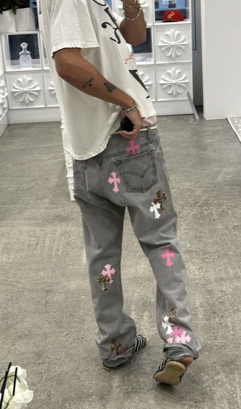 Chrome Heart Jeans Outfit Men, Chrome Hearts Jeans, Roy Cohn, Chrome Fits, Jeans Outfit Men, Diy Jeans, Pink Chrome, Soft Nails, Jersey Outfit