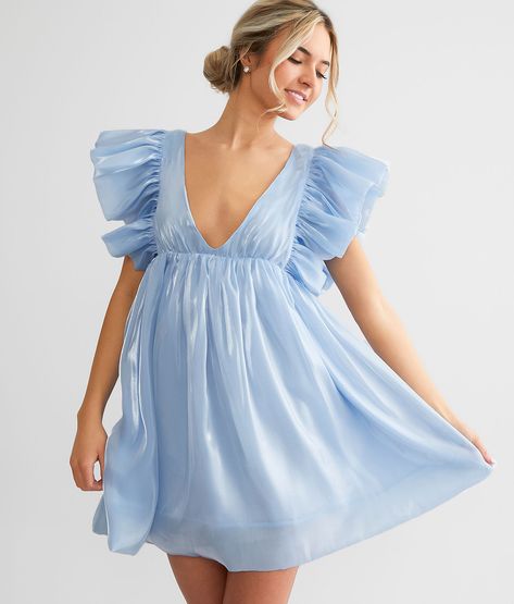 Storia Deep V-Neck Sheen Mini Dress - Women's Dresses in Sky Blue | Buckle Sorority Dresses, Blue Babydoll Dress, Rush Outfits, Rush Dresses, Eye Details, Dress Pleated, Mini Dresses For Women, Hoco Dresses, Ruffle Sleeves