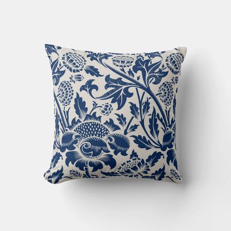 Blue China Patterns, Art Nouveau Decor, Blue Throw Pillow, William Morris Art, Floral Throw Pillow, Antique Floral, Blue Throws, Blue Throw Pillows, Floral Throw Pillows