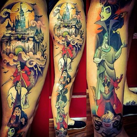 284 Likes, 24 Comments - Disney Tattoos Worldwide (@disneytattooart) on Instagram: “Wow, check out this Villains design on @gabrielledemaio by 👉 Serene @serene_temple 👈 #lasvegas…” Villain Tattoo Sleeve, Disney Villain Tattoo Sleeve, Disney Villain Tattoo, Villain Tattoo, Disney Sleeve Tattoos, Tattoo Disney, Disney Sleeve, Harry Potter Tattoos, Disney Villain