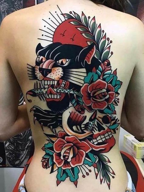 Mind-Blowing Tattoos, realistic tattoos, ink American Traditional Tattoos Chest, Traditional Tattoos Chest, Back Tattoo Women Full, Traditional Thigh Tattoo, Traditional Back Tattoo, Tattoos Chest, Traditional Tattoo Woman, American Traditional Tattoos, Traditional Tattoo Flowers