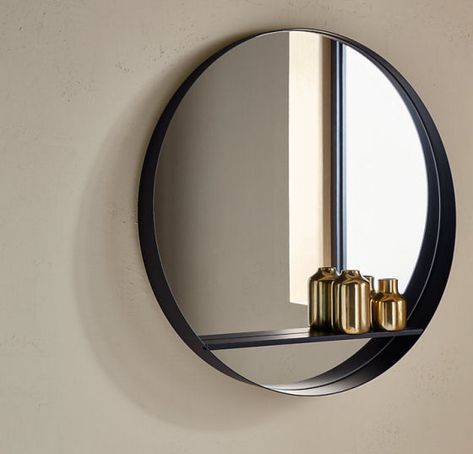 John Lewis round mirror with shelf in black Bathroom Counter Organization Ideas, Mirror Decor Ideas, Black Accent Walls, Wall Mirror With Shelf, Golden Wall, Circle Mirror, Mirror Design Wall, Wooden Bathroom, Mirror With Shelf