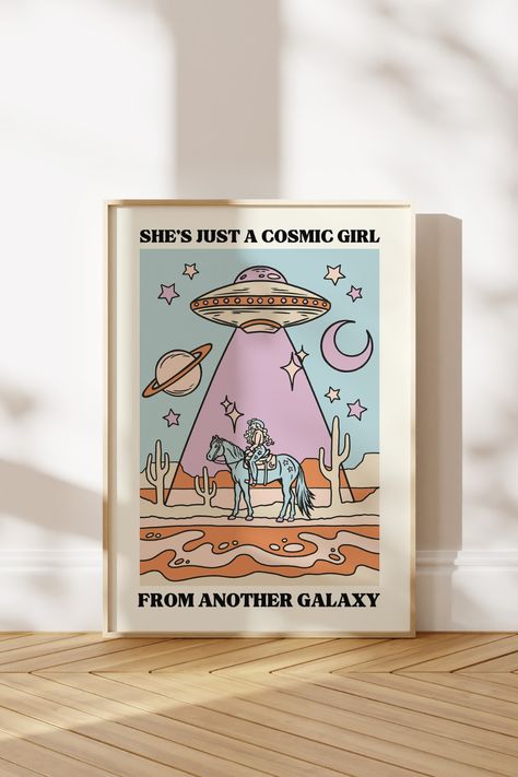 'She's just a cosmic girl, from another galaxy' pastel coloured retro style wall art. Cowgirl riding blue horse in the desert with UFOs and planets in the sky Space Cowgirl Bedroom, Disco Cowgirl Aesthetic Bedroom, Cosmic Cowgirl Aesthetic, Cowgirl Picnic, Space Cowboy Aesthetic, Space Cowgirl Aesthetic, Celestial Cowgirl, Gallery Wall Aesthetic, Cosmic Aesthetic