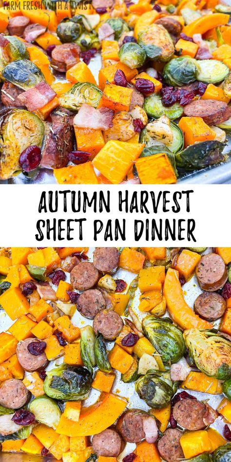 Autumn Harvest Sheet Pan Dinner featuring kielbasa, butternut squash, Brussels sprouts, apples, bacon, dried cranberries and spices. Butternut Squash Sheet Pan Dinner, Sheet Pan Thanksgiving Dinner, Fall Dinner Recipes Sheet Pan, Winter Sheet Pan Meals, Kielbasa Sheet Pan Dinner, Gluten Free Sheet Pan Dinners, Squash Sheet Pan Dinner, Fall Sheet Pan Dinners, Harvest Sheet Pan Dinner