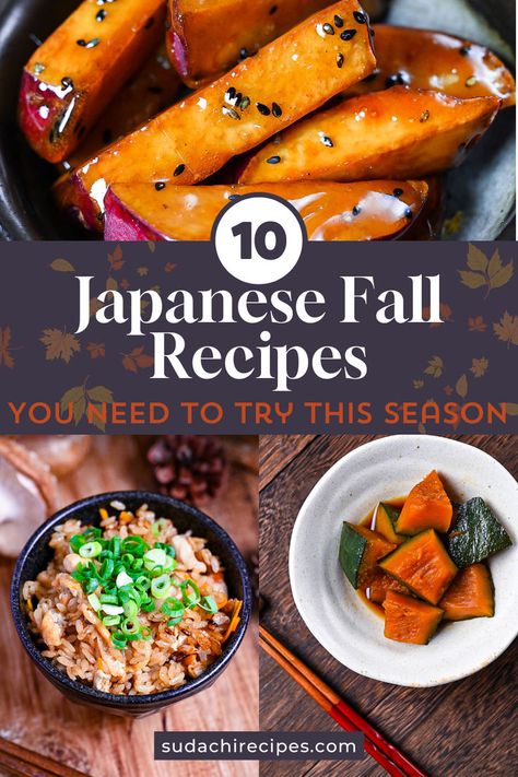 A collection of Japanese autumn recipes including candied sweet potatoes, takikomi gohan and simmered kabocha squash Mirin Recipe Japanese Food, Japanese Thanksgiving Recipes, Seasons In Japanese, Japanese Main Dishes, Quick And Easy Japanese Recipes, Japanese Thanksgiving, Japanese Dinner Recipes, Japanese Food Dishes, Asain Food