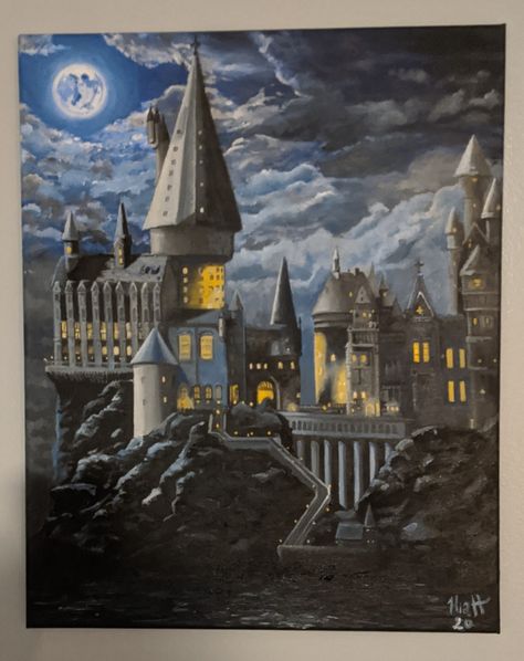 Hogwarts Castle oil painting Hogwarts Oil Painting, Hogwarts Castle Art, Hogwarts Castle Painting, Hogwarts Painting Easy, Hogwarts Castle Drawing, Harry Potter Art Painting, Hogwarts Art Castle, Hogwarts Castle Tattoo, Hogwarts Painting