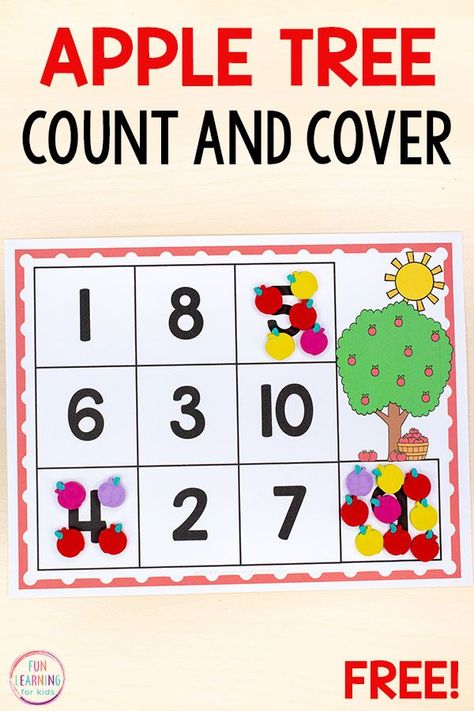 This apple count and cover math activity would be perfect for your preschool or kindergarten math centers. A fun counting activity for your apple theme! Apple Theme Kindergarten, Apple Theme Activities, Kindergarten Math Centers, Numbers Activity, Apple Preschool, Preschool Letter, Letter Crafts, Counting Activity, Apple Activities