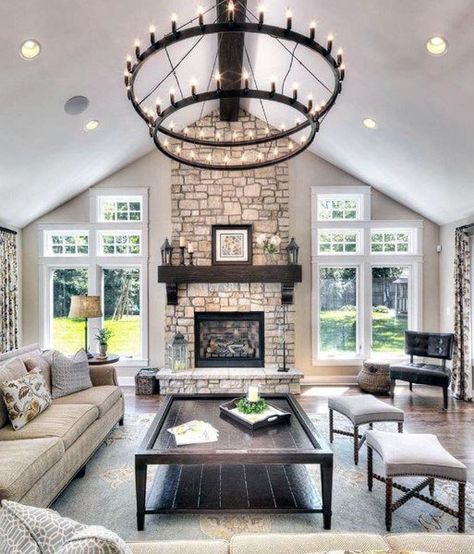 Top 70 Best Great Room Ideas - Living Space Interior Designs Design Camino, Farmhouse Decorating Ideas, Stacked Stone Fireplaces, Furnitur Ruang Keluarga, Decorating Ideas For Living Room, Farmhouse Decorating, Modern Farmhouse Living Room, Ideas For Living Room, Inspire Me Home Decor