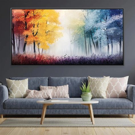 4 Seasons Watercolor Painting, Seasons Watercolor, Four Seasons Painting, Room Painting, Misty Forest, Forest Landscape, Room Paint, Yellow And Blue, Rich Colors