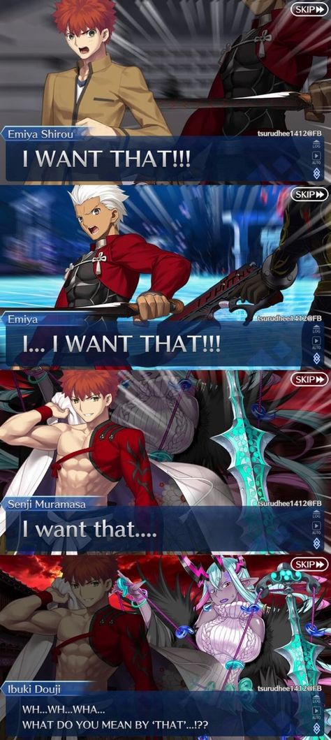 Emiya Cemiya Shirou irou WANT THAT!!! Emiya WANT THAT!!! SKIP > Muramasa want that... af Wy tsurudhest Ibuki Douji WH...WH...WHA... WHAT DO YOU MEAN BY 'THAT?...!?? – popular memes on the site ifunny.co Senji Muramasa Fate, Ibuki Douji, Senji Muramasa, Fate Quotes, Emiya Shirou, Fate Characters, Shirou Emiya, Fate Stay Night Series, Fate Servants