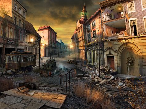 abandoned town street by sergeilameiko Stalker Girlfriend, Town Drawing, Company Town, Hidden Object Game, Abandoned Town, Post Apocalyptic Art, Hidden Object Games, Fantasy Town, Red Lake