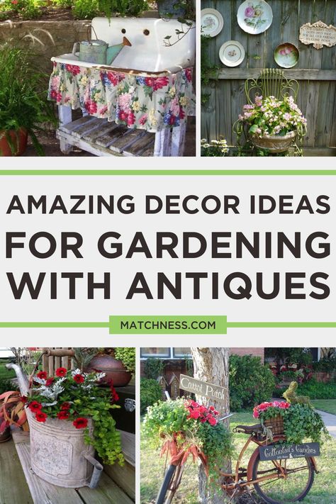 The spring is here when the planting begins, there are many innovative, fresh, and fun gardening ideas that involve antiques in a certain way. Whether simply adding antiques to existing gardens, or integrating the gardens themselves into antiques, there is no wrong way to combine these complementary enthusiasms. #gardendesign #gardendecorwithantiques Junk Garden, Antique Things, Outdoor Entryway, Antique Fans, Garden Junk, Antique Plates, Amazing Decor, Front Porch Decorating, Unique Gardens