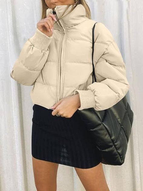 Amazon.com: MEROKEETY Women's Winter Cropped Puffer Jacket Long Sleeve Oversized Stand Collar Zip-Up Short Down Coat : Clothing, Shoes & Jewelry White Puffer, Festival Jacket, Cropped Puffer Jacket, Layered Long Sleeve, Jacket Long, Down Coat, Crop Jacket, Puffer Coat, High Collar