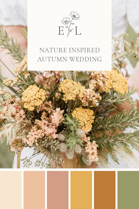 Autumn wedding colour scheme with golden yellows, copper, blush and greens. Muted Autumn colour inspiration Colours taken from natures organic colour palette. Photo credit: Sarah Hoyle Muted Autumn Color Palette Wedding, Muted Autumn Wedding, Blush Autumn Wedding, Marigold Wedding Color Palette, Wedding Color Schemes Terracotta, Woods Wedding Colors, Wedding Colour Schemes Autumn, July Wedding Ideas Color Schemes, Early Fall Color Palette