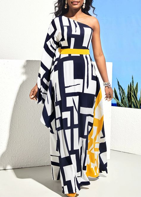 Dress Swimwear, Navy Blue Maxi Dress, One Shoulder Maxi Dress, Color Block Maxi Dress, Blue Maxi Dress, Fashion Dresses Online, Dresses Trendy, Trendy Fashion Outfits, Blue Maxi