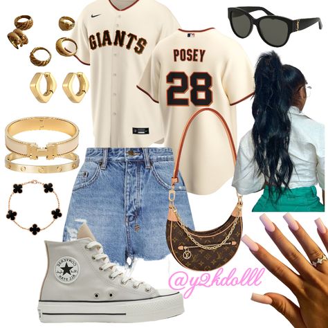 Sf Giants Game Outfit, Giants Baseball Game Outfit, Baseball Game Attire, Giants Baseball Outfit, Baseball Gf, Ballpark Outfit, Baseball Game Outfit Women, Baseball Jersey Outfit Women, Baseball Outfits