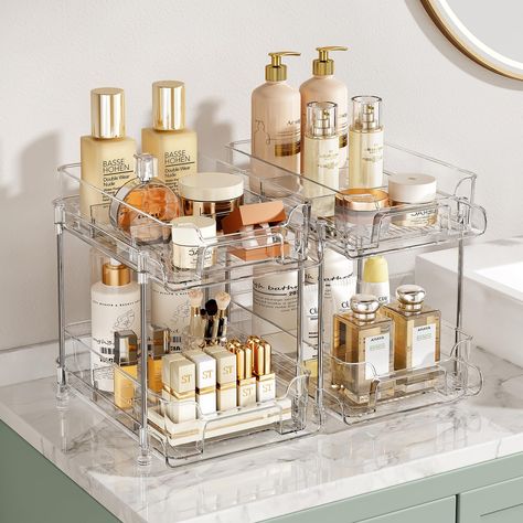 PRICES MAY VARY. 🧼 Clear and Transparent Storage: The bathroom counter organizer is crafted from clear materials and supported by stainless steel rods, making it easy to see what's inside each slot. This design allows for quick and accurate access to your toiletries and skincare products without moving any drawers. Keep your bathroom essentials neatly organized and within reach. 🏠 Space-Saving Stackable Design: Our bathroom counter organizers and storage units can be stacked up to three levels Skincare Acrylic Organizer, Cosmetic Organizer Ideas, Bathroom Vanity Organization Countertops, Skincare Shelves, Skincare Cabinet, Transparent Bathroom, Skin Care Storage, Countertop Tray, Bathroom Counter Organizer