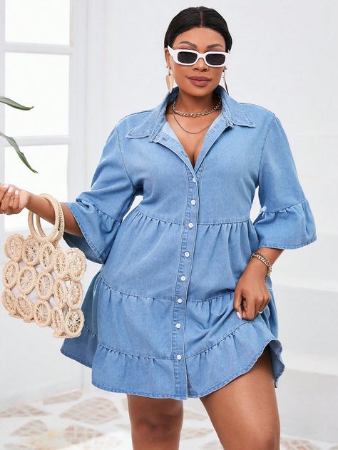 Light Wash Casual Collar Half Sleeve Denim Plain Shirt Embellished Non-Stretch  Women Plus Clothing White Outfits Plus Size, Denim And White Outfits, Plus Size Denim Outfits, White Denim Outfit, Short Sleeve Denim Shirt, Outfits Dressy, Plus Size Denim, Plain Shirt, Estilo Hip Hop