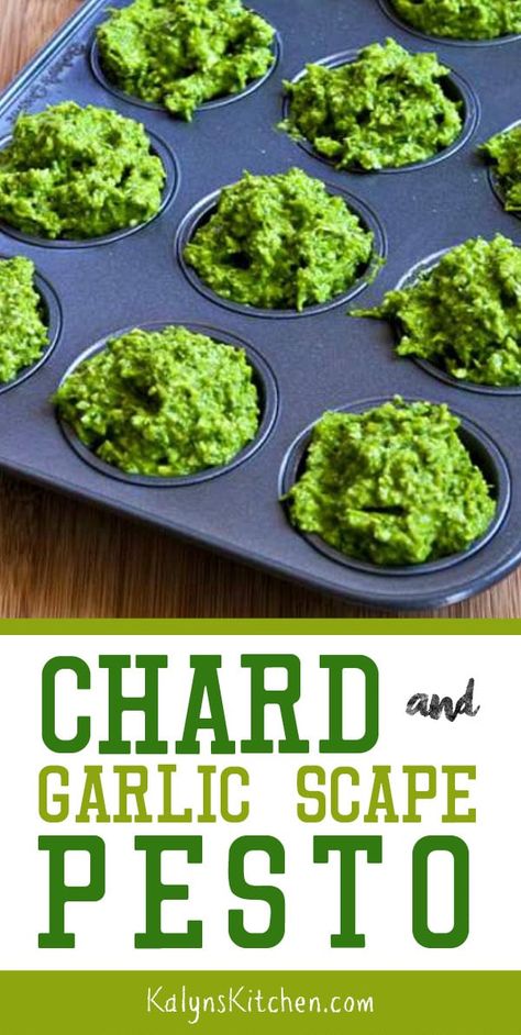 Garlic Scape Pesto with Chard – Kalyn's Kitchen Scape Pesto Recipe, Scape Recipes, Veggies Grilled, Scape Pesto, Garlic Scape Pesto, Recipes Illustration, Summer Eats, Garlic Scapes, Chicken Grilled