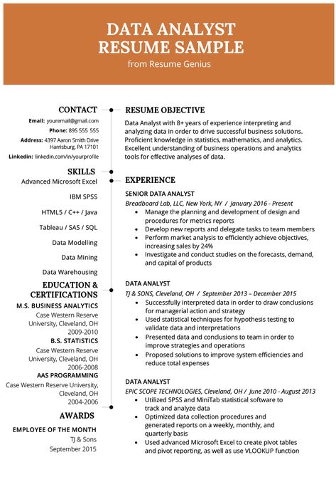 Data Analyst Resume Example & Writing Guide | Resume Genius Data Analytics Resume, Data Analyst Cv, Data Analyst Career, Data Analyst Resume, Job Affirmations, Analyst Resume, Resume Summary Examples, Business Analyst Resume, Data Science Learning