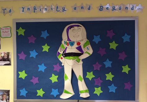 Buzz lightyear classroom target display! To infinity and beyond! EYFS Buzz Lightyear Bulletin Board, Baby Room Display Boards, Target Boards, Eyfs Space, Target Display, Reception Classroom, Eyfs Classroom, Disney Classroom, Class Rules