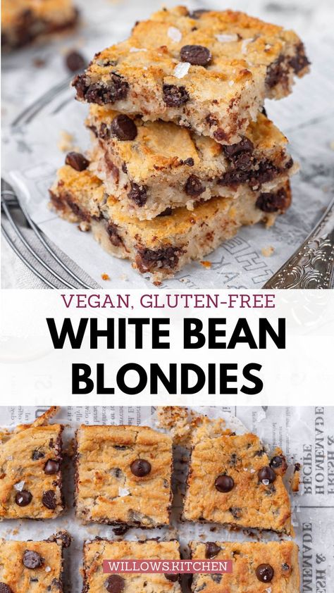 These sugar-free naturally sweetened blondies are made with white beans instead of flour, are super tasty, gluten-free and have the perfect fudgy texture. The best recipe for delicious blonde brownies. Beans add protein to this healthy vegan dessert. White Bean Blondies, Bean Blondies, Healthy Vegan Dessert, Blonde Brownies, White Brownies, Dairy Free Recipes Dessert, Best Vegan Desserts, Vegan Gluten Free Desserts, Snack For Kids