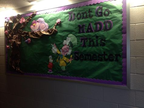 early semester/fall theme #bulletinboard #ra Alice In Wonderland Bulletin Board Ideas, Alice In Wonderland Ra Board, Alice In Wonderland Bulletin Board, Alice In Wonderland Classroom Theme, Alice In Wonderland Classroom, Disney Door Decs, Disney Bulletin Boards, Wonderland Classroom, College Bulletin Boards