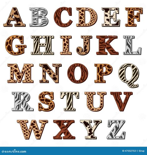 Capital letters of the Latin alphabet with animal print resembling the natural pattern of the skin and fur of wild animals, isolated on white Jungle Alphabet, Animal Alphabet Letters, Jungle Theme Birthday Party, Latin Alphabet, Scrapbook Letters, Jungle Theme Birthday, White Illustration, Animal Alphabet, Capital Letters