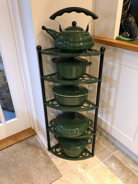 Cast Iron Pot Storage Ideas, Le Creuset Storage, Indian Kitchen Utensils, Cookware Stand, Pot Storage, Basement Storage, Cute Bedroom Ideas, Luxury Tents, Cast Iron Dutch Oven