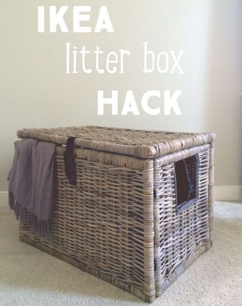 Super easy IKEA Hack, turn wicker chest into a secret litter box hide out! Decorative Cat Litter Boxes, Hide Cat Litter Box Diy, Litter Box Ideas Hidden, Cat Litter Box Ideas Hidden, Dog Proof Litter Box, Cat Litter Box Ideas, Litter Box Ideas, Hiding Cat Litter Box, Diy Litter Box