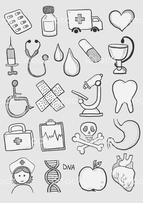 Doctor Doodle Cute, Medical Doodle Art, Easy Medical Drawings, Healthcare Doodles, Medicine Drawing Ideas, Health Care Drawing, Nursing Doodles, Medical Drawings Sketches, Med Drawing