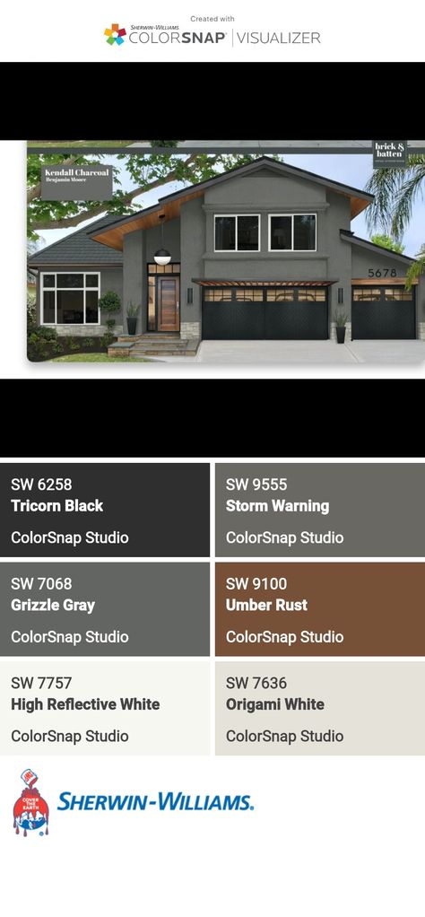 I just created this color palette with the Sherwin-Williams ColorSnap® Visualizer app on my Android phone. What do you think? You can learn more about ColorSnap Visualizer and get it on your phone free by visiting https://www.sherwin-williams.com/content/colorsnap.html. Sherwin Williams Storm Warning Exterior, Dark Trim Exterior House Paint Ideas, Exterior House Paint Color Combinations Sherwin Williams, Storm Warning Sherwin Williams Exterior, Sherwin Williams Eclipse Exterior, Mountain Road Sherwin Williams Exterior, Retreat Sherwin Williams Exterior, Sherwin Williams Exterior Paint Schemes, Exterior Home Color Schemes