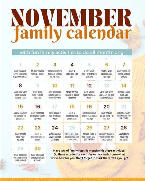 November is here, and it's time to check off those family activities on our calendar! From cozy movie nights to weekend outings, our November calendar keeps everyone on track and excited for the month ahead. 🍁 Having a family calendar makes it easy to stay organized and enjoy every special moment together. What’s on your November checklist? Share with us below! #FamilyCalendar #NovemberPlans #FamilyTime #OrganizedLife #FallActivities #FamilyGoals #RusticFaithHomestead #timetogether November Checklist, Calendar November, Gratitude Tree, Having A Family, Calendar Activities, Chocolate Apples, November Calendar, Day List, Family Calendar