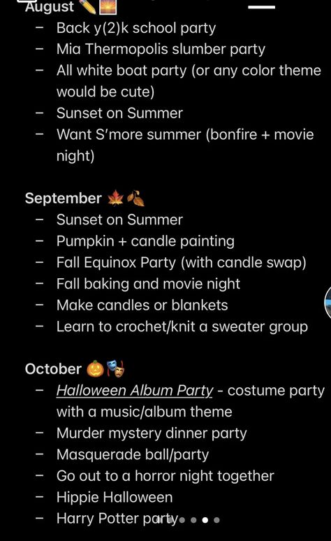 September Hosting Ideas, Monthly Party Ideas, Social Life Aesthetic Party, Women’s Group Ideas, Friend Halloween Party, Fun Events To Host, Friendsgiving Board Ideas, How To Host A Party, Hosting Event Ideas