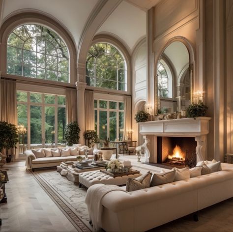 Modern Living Room Asthetics, Old Money House Living Room, Pretty Dining Rooms, French Chateau Living Room, Tall Windows Living Room, Estate Living Room, Old Money Living Room, Grand Living Room, Mansion Living Room