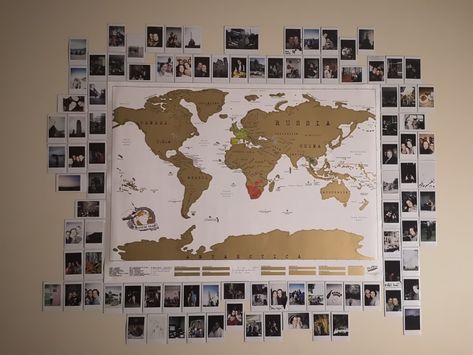 Travel Photo Collage Wall, Map Room Aesthetic, Travel Aesthetic Decor, Postcard Display Wall, Map Display, Travel Photo Wall, World Map Photo, Postcard Display, Maps Aesthetic