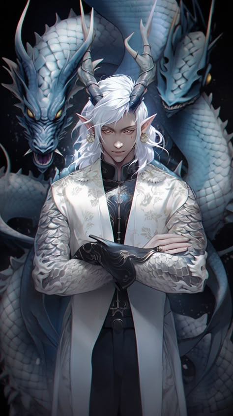 White Dragon Human Form, Chinese Dragon Human Hybrid, Chinese Dragon Human Form, Dragon Shifter Fantasy Art, Silver Dragon Human Form, Humanoid Dragon Art, Dragon And Human Art, Dragon Human Form Male, Dragon Oc Human Male