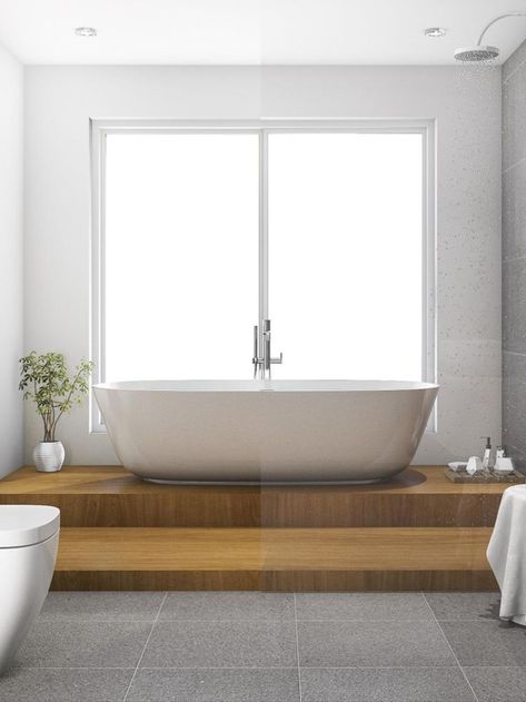 Bathtub on a wooden elevated platform Bath On Platform, Raised Bathtub Platform, Raised Bathtub, Basic Bathroom, Bathroom Tub Shower Combo, White Bathroom Ideas, Bath Tube, Beautiful Bathroom Decor, Beautiful Bathroom Designs