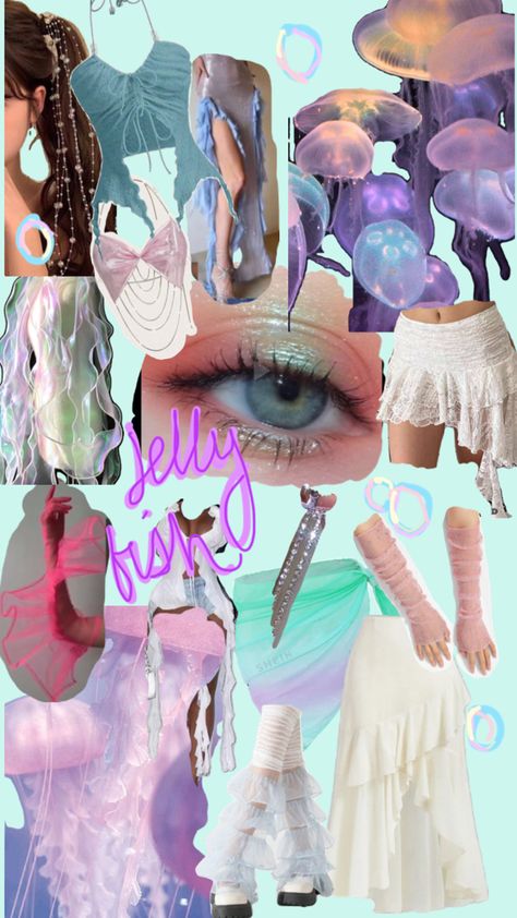 Jellyfish Dress Aesthetic, Jellyfish Outfit Inspired, Jellyfish Costume Aesthetic, Jellyfish Core Outfits, Jellyfish Cosplay, Jellyfish Outfit, Jellyfish Makeup, Jellyfish Fashion, Jellyfish Halloween Costume