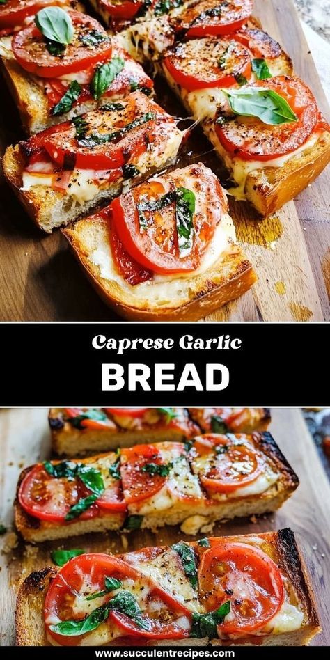 Elevate your appetizer game with this Delicious Caprese Garlic Bread! Topped with fresh tomatoes, mozzarella, basil, and a garlicky drizzle, this dish is a perfect blend of flavors that will impress your guests at any gathering. Bagel And Tomato, Caprese Bread Appetizers, Tomato Basil Appetizer, Mozzarella And Tomato Appetizer, Fresh Mozzarella Recipes, Caprese Garlic Bread Recipe, Caprese Tomatoes, Mozzarella Tomato Basil, Caprese Garlic Bread