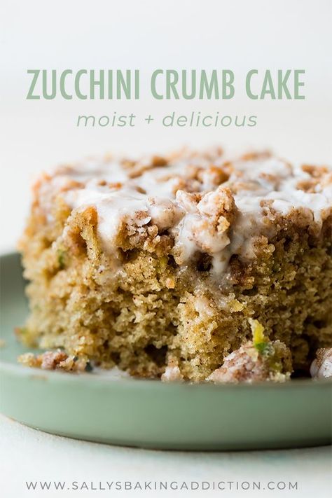 Zucchini crumb cake is moist, spiced with cinnamon, topped with brown sugar crumble, and sweet vanilla icing! You can't even tell you're eating your veggies! Delicious coffee cake recipe on sallysbakingaddiction.com Zucchini Coffee Cake, Crumb Cake Muffins, Zucchini Recipes Dessert, Sallys Baking, Crumb Cake Recipe, Sally's Baking, Vanilla Icing, Zucchini Muffins, Zucchini Bread Recipes